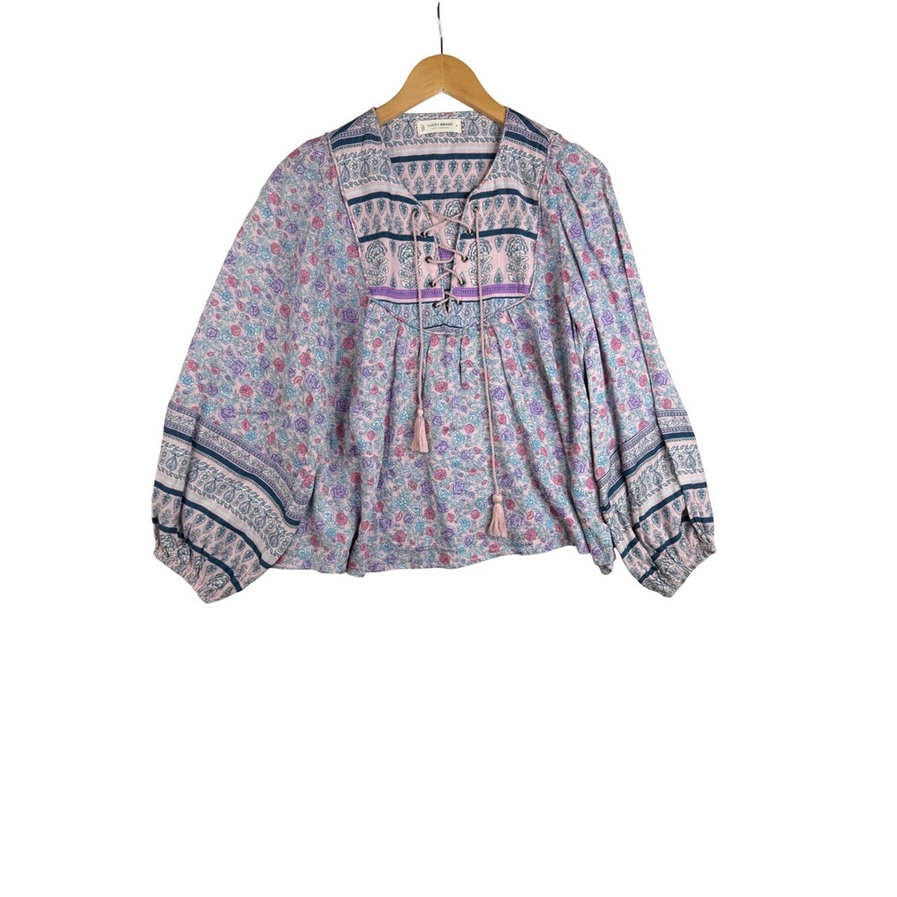 New‎ Lucky Brand Boho Floral Print Long Sleeve Blouse size Small Ble/Pink